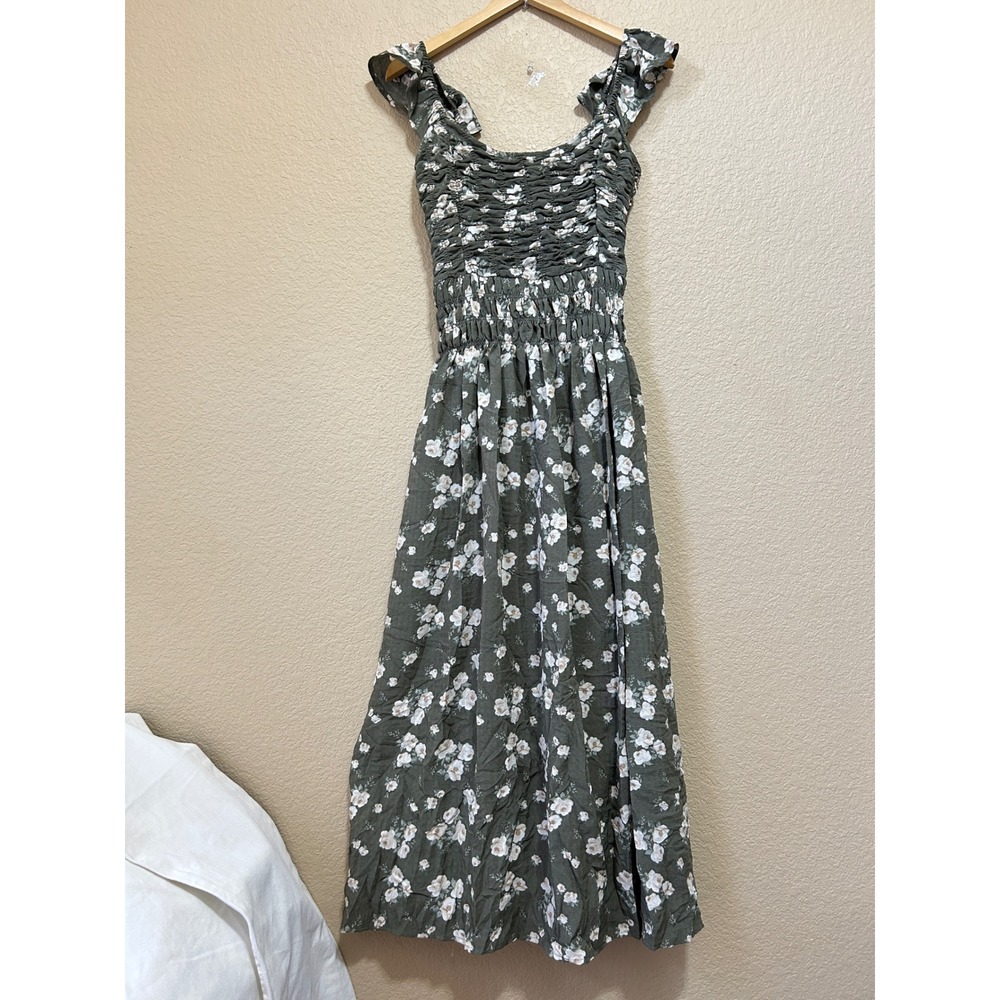 And Now This M Floral Smocked Midi Dress Olive Green Ruffle Boho Cottagecore